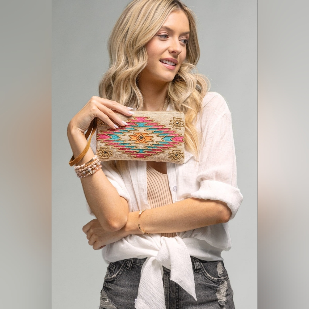 Handmade Hand Beaded Wristlet Clutch - Ethnic Inspired Motive - Dyed Fine Cotton - Picture 4 of 6